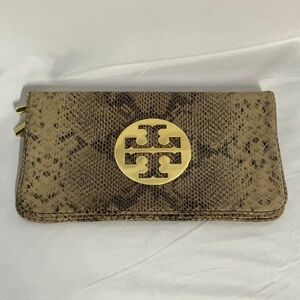 Tory Burch Brown and Tan Snake Skin Leather Clutch